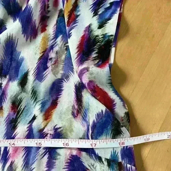 CAbi Plume Feather Print Cap Sleeve V-Neck Sheer Blouse Colorful Abstract Top - Picture 6 of 10